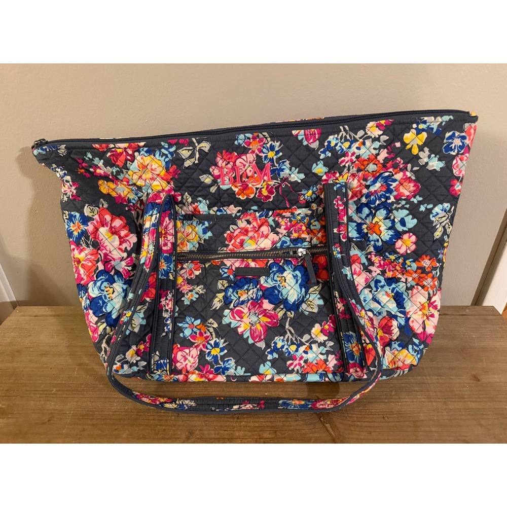 Vera Bradley Navy Floral Quilted Cotton Duffel Bag Monogrammed Travel Weekender